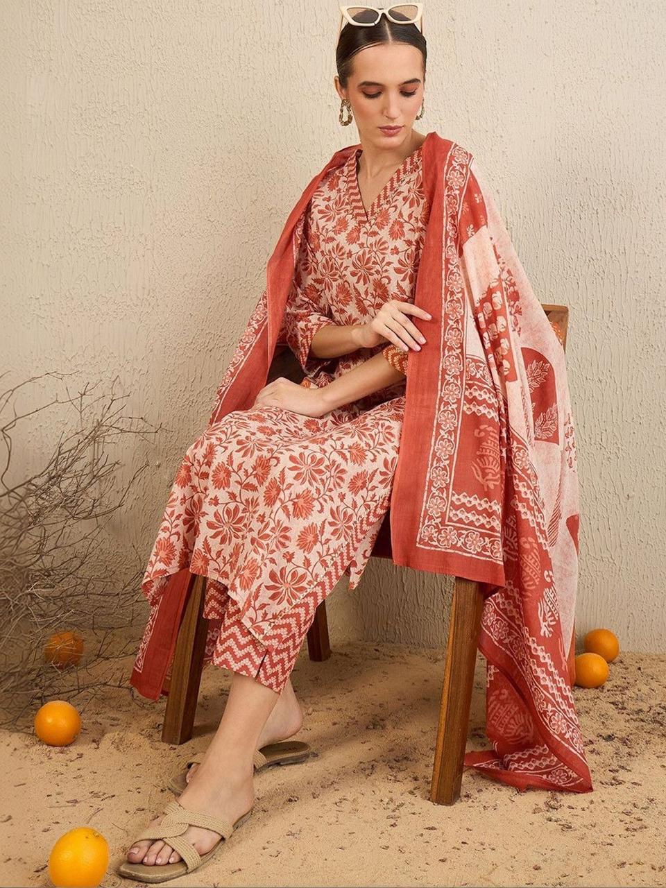 Peach Floral Printed Cotton Suit Set