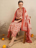 Peach Floral Printed Cotton Suit Set