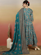 Teal Blue Floral Printed Anarkali Suit Set