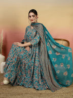 Teal Blue Floral Printed Anarkali Suit Set