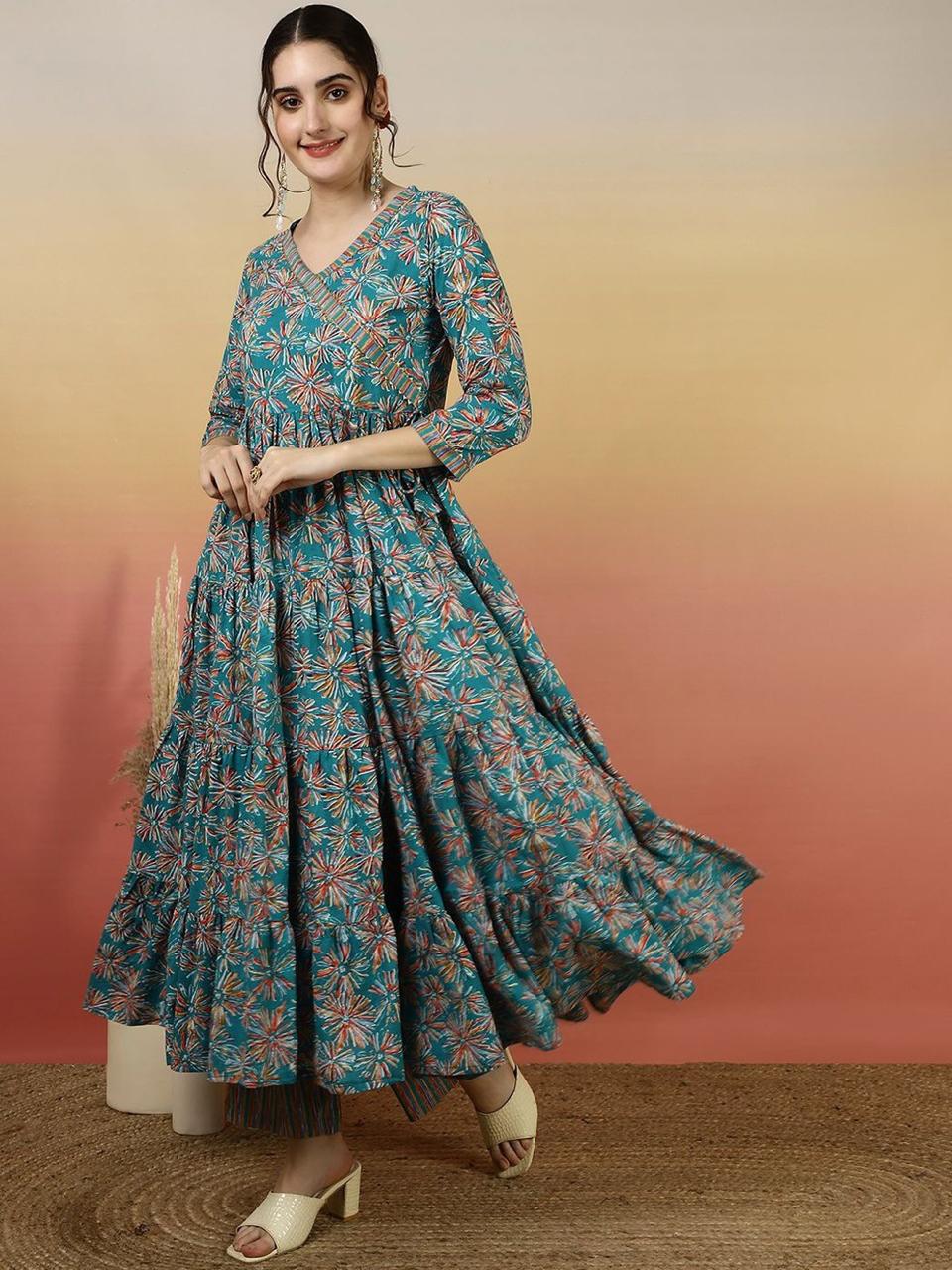 Teal Blue Floral Printed Anarkali Suit Set