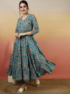 Teal Blue Floral Printed Anarkali Suit Set