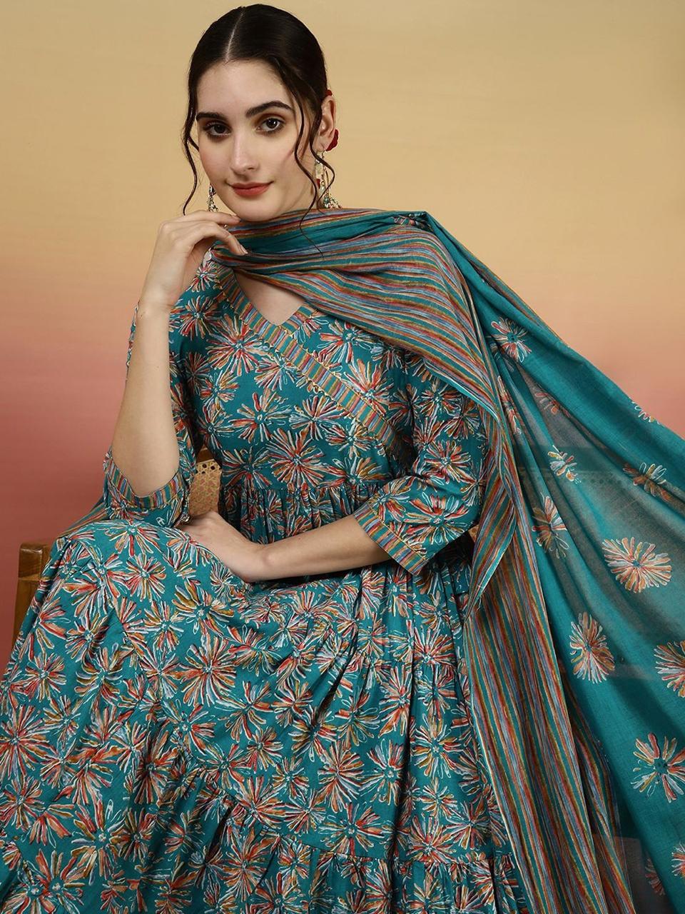 Teal Blue Floral Printed Anarkali Suit Set