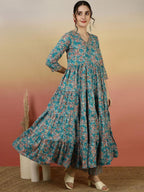 Teal Blue Floral Printed Anarkali Suit Set
