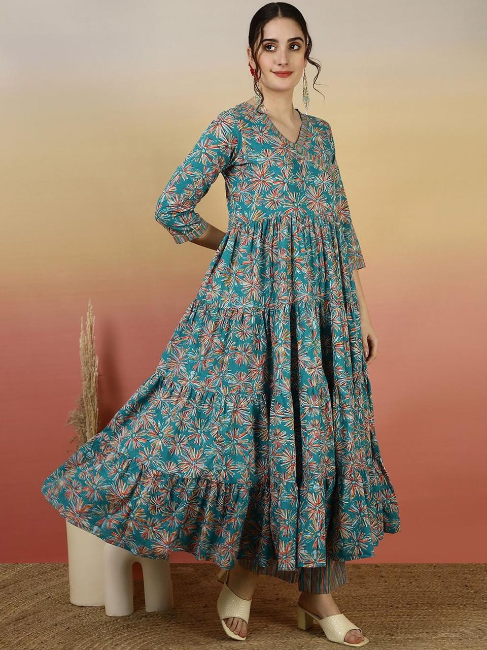 Teal Blue Floral Printed Anarkali Suit Set