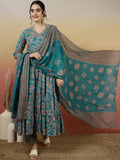 Teal Blue Floral Printed Anarkali Suit Set