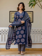 Navy Blue Printed Kurta Pant Dupatta Suit Set