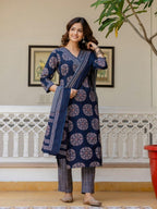 Navy Blue Printed Kurta Pant Dupatta Suit Set