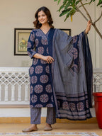 Navy Blue Printed Kurta Pant Dupatta Suit Set