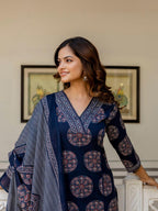 Navy Blue Printed Kurta Pant Dupatta Suit Set