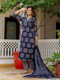Navy Blue Printed Kurta Pant Dupatta Suit Set