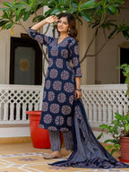 Navy Blue Printed Kurta Pant Dupatta Suit Set