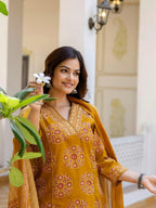 Mustard Yellow Printed Cotton Suit Set