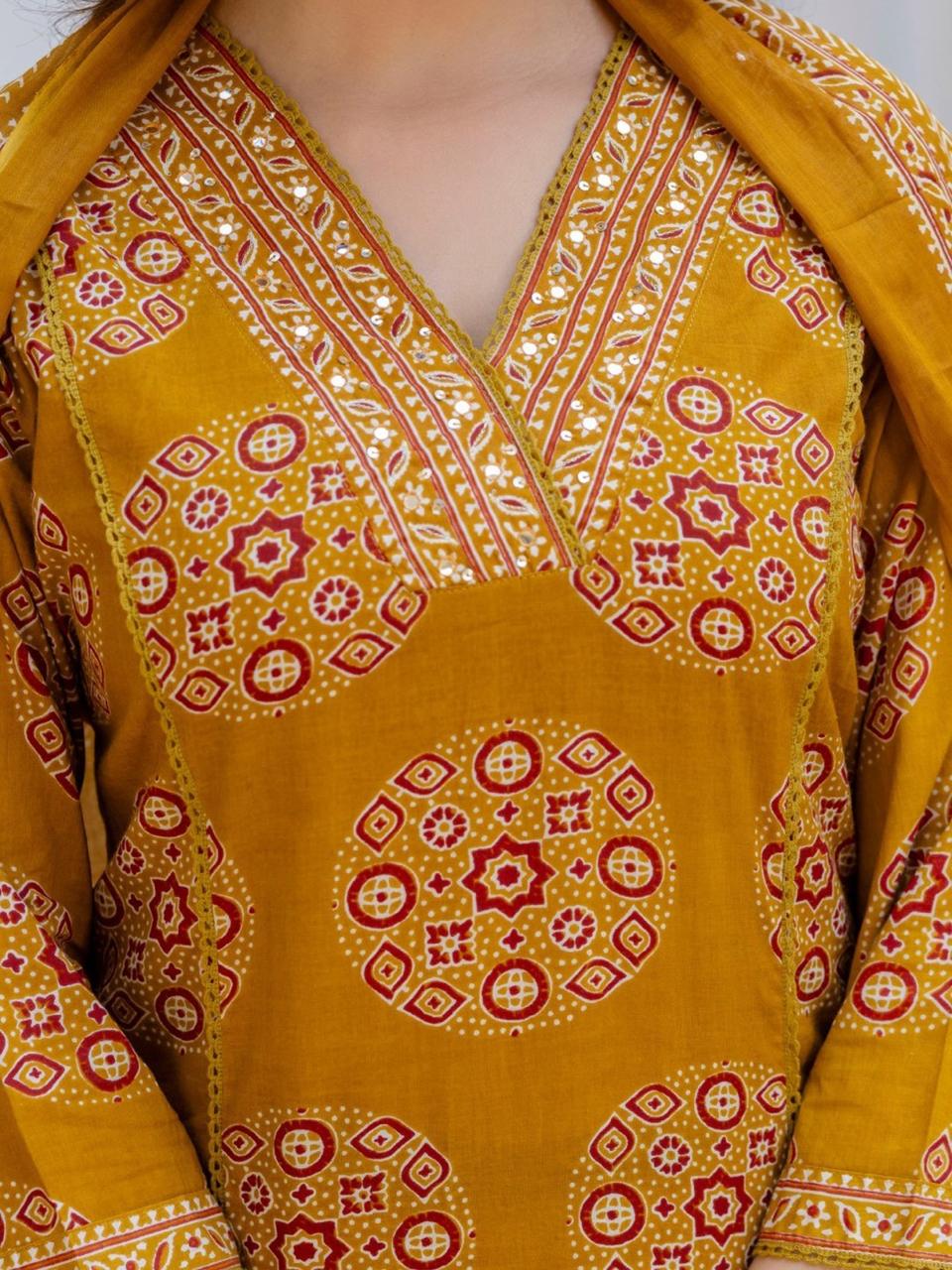 Mustard Yellow Printed Cotton Suit Set