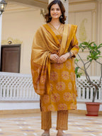 Mustard Yellow Printed Cotton Suit Set