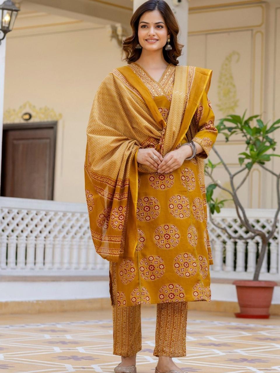 Mustard Yellow Printed Cotton Suit Set