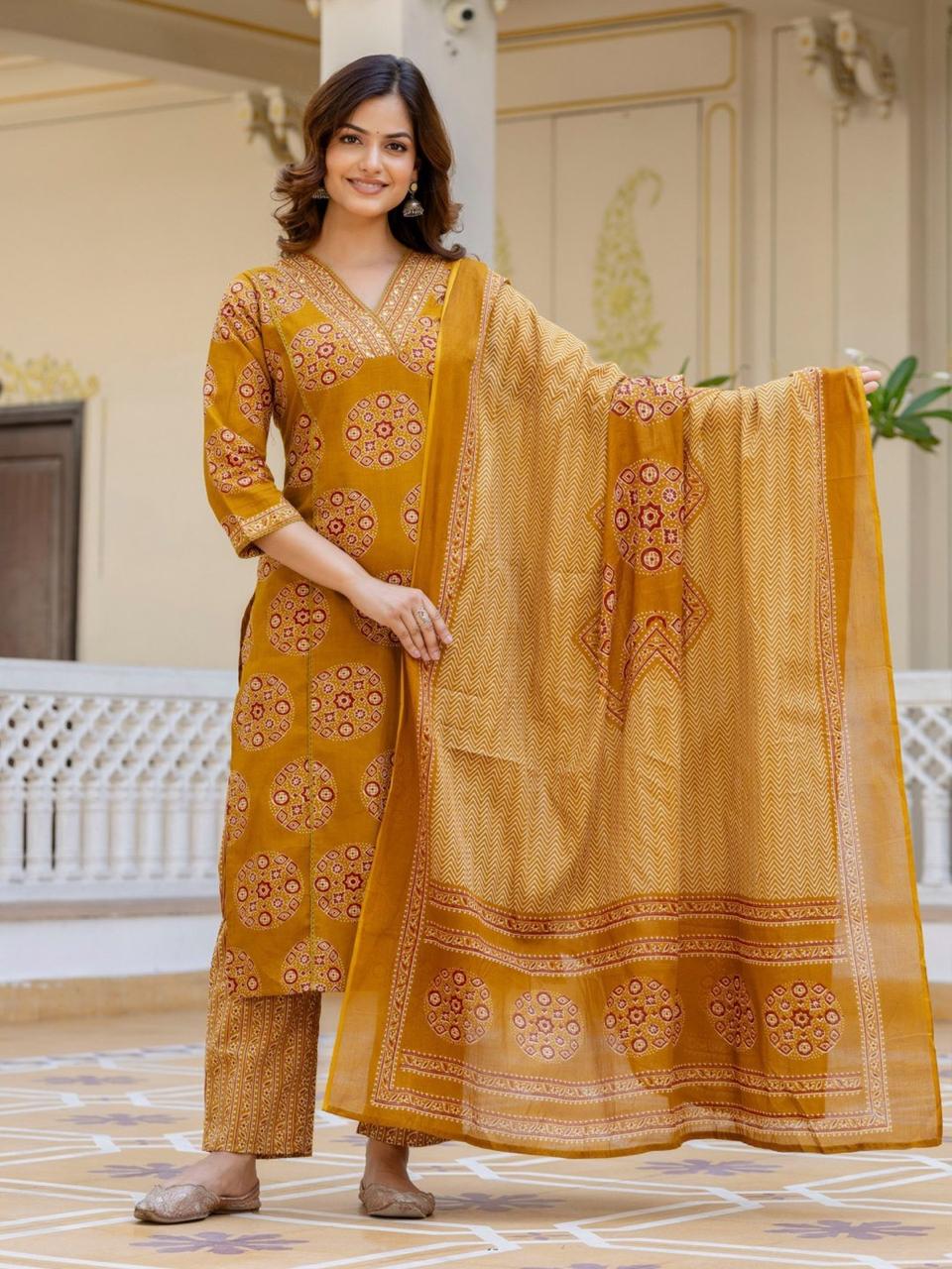 Mustard Yellow Printed Cotton Suit Set