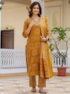 Mustard Yellow Printed Cotton Suit Set
