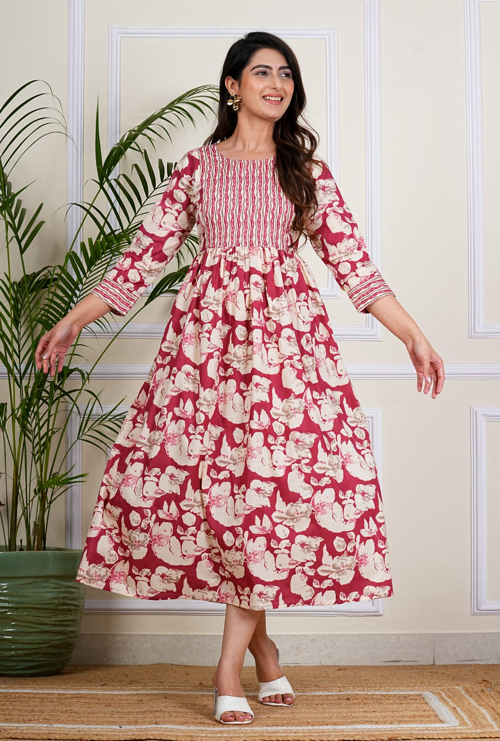 Red Floral Flare Midi Dress
