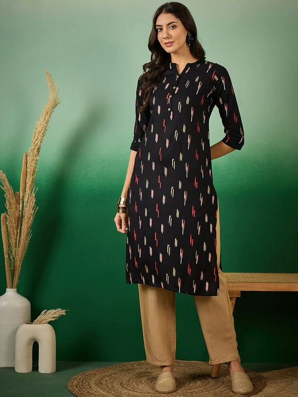 Midnight Dash Black Rayon Printed Straight Kurti