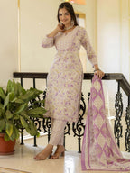 Lavender Floral Printed Suit Set With Dupatta